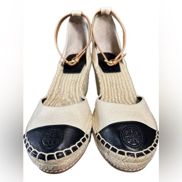 Tory Burch Shoes - TORY BURCH Wedge Espadrille Sandal Cream & Black Size 8.